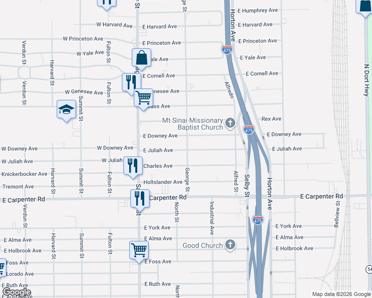 map of restaurants, bars, coffee shops, grocery stores, and more near 5100 George Street in Flint