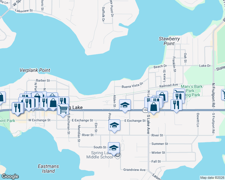 map of restaurants, bars, coffee shops, grocery stores, and more near 325 Lakeview Street in Spring Lake