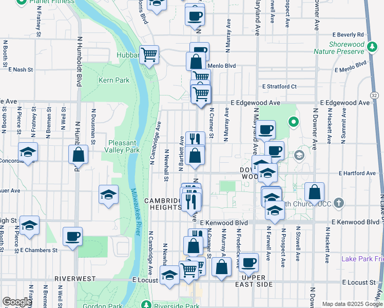 map of restaurants, bars, coffee shops, grocery stores, and more near 3335 North Oakland Avenue in Milwaukee