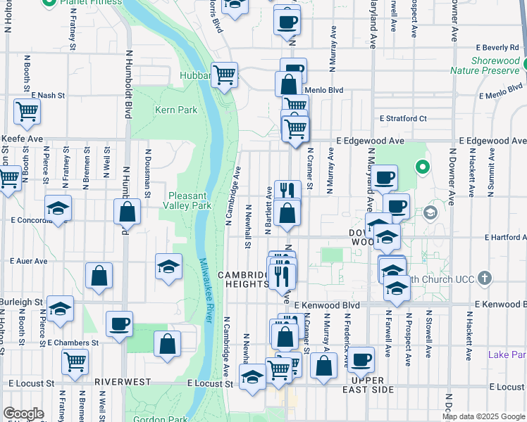 map of restaurants, bars, coffee shops, grocery stores, and more near 3341 North Bartlett Avenue in Milwaukee