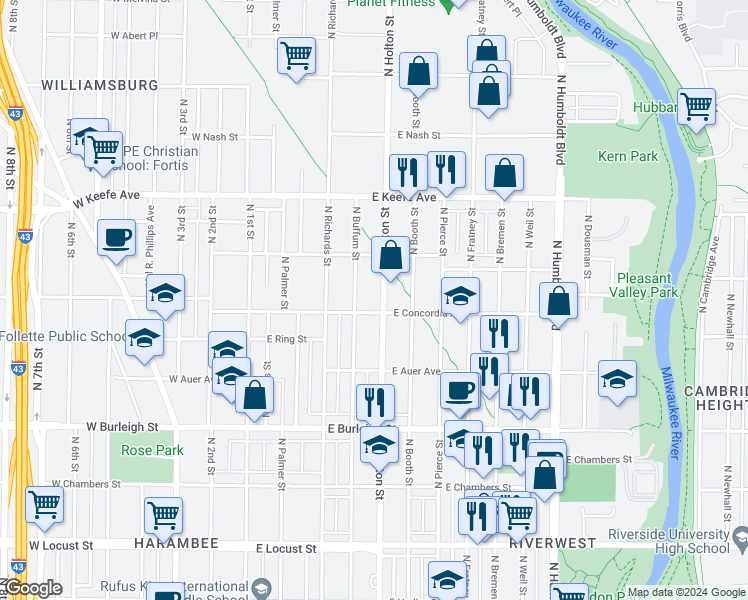 map of restaurants, bars, coffee shops, grocery stores, and more near 404 East Concordia Avenue in Milwaukee