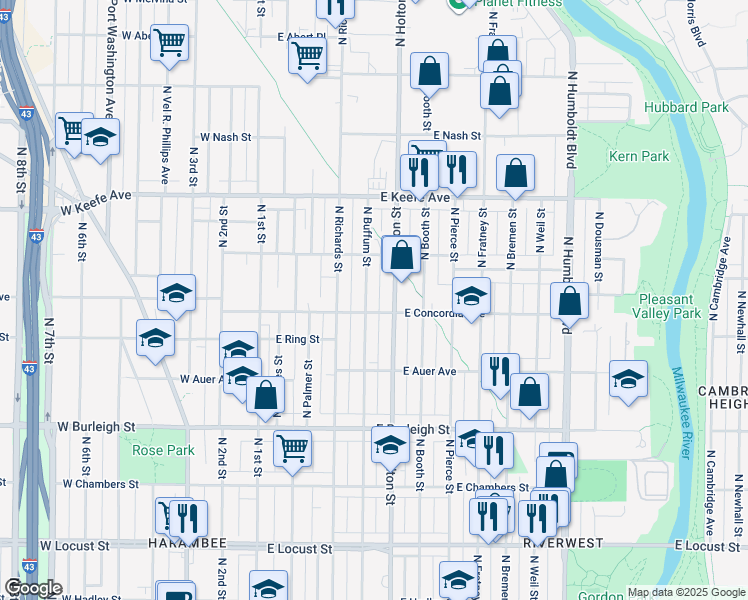 map of restaurants, bars, coffee shops, grocery stores, and more near 404 East Concordia Avenue in Milwaukee