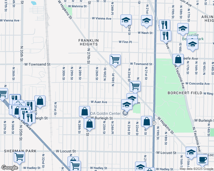 map of restaurants, bars, coffee shops, grocery stores, and more near 3269A North 25th Street in Milwaukee