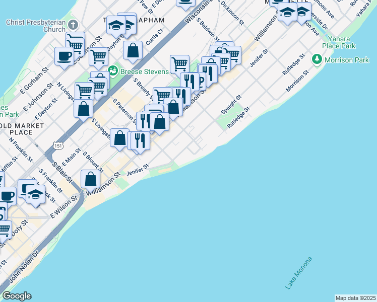 map of restaurants, bars, coffee shops, grocery stores, and more near 921 Spaight Street in Madison