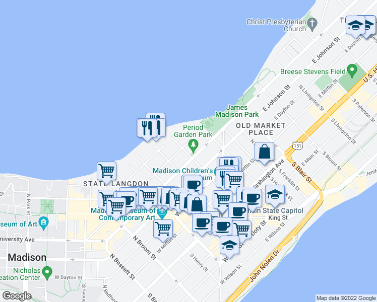 map of restaurants, bars, coffee shops, grocery stores, and more near in Madison
