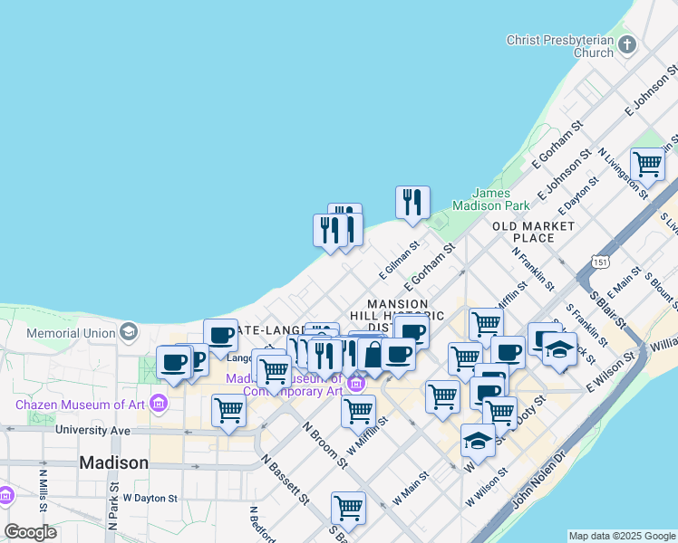 map of restaurants, bars, coffee shops, grocery stores, and more near 516 Wisconsin Avenue in Madison