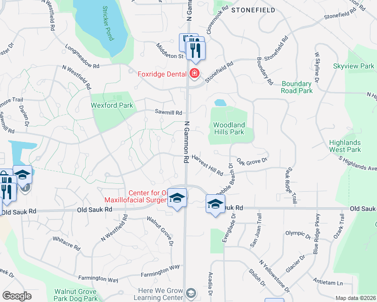 map of restaurants, bars, coffee shops, grocery stores, and more near 6912 Harvest Hill Road in Madison