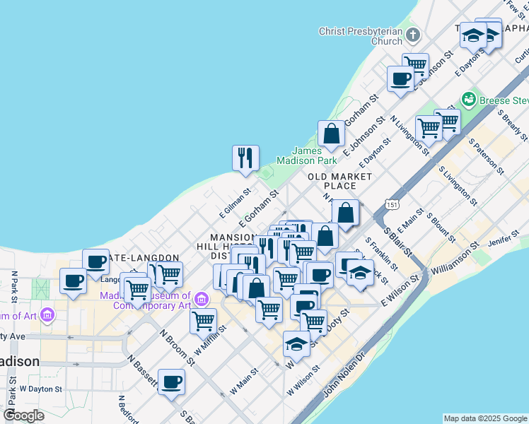 map of restaurants, bars, coffee shops, grocery stores, and more near 134 East Johnson Street in Madison