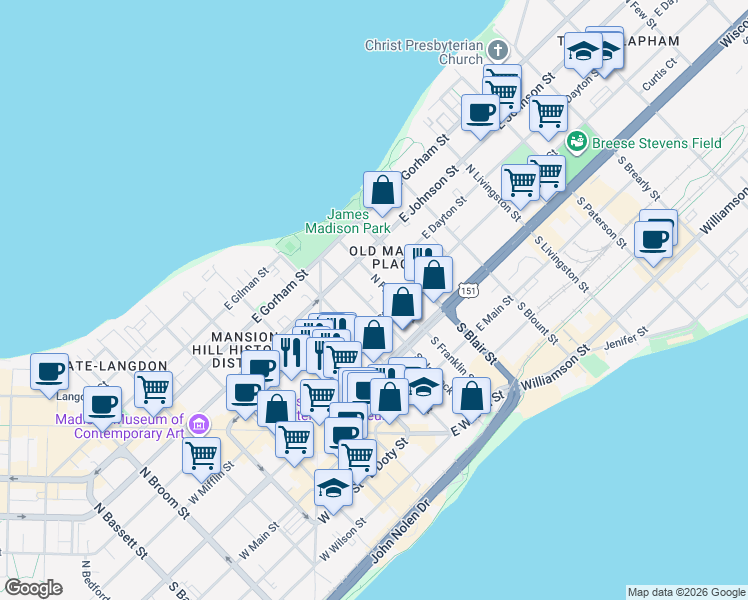 map of restaurants, bars, coffee shops, grocery stores, and more near 112 North Hancock Street in Madison