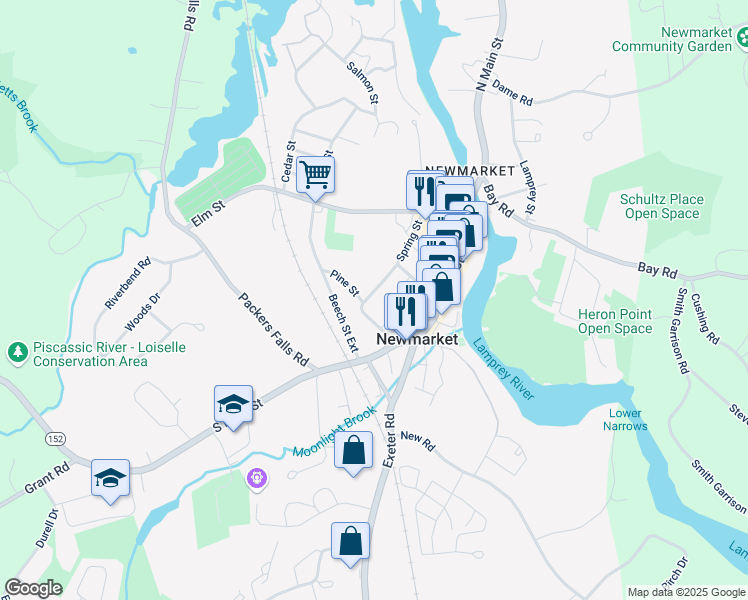 map of restaurants, bars, coffee shops, grocery stores, and more near 39 Spring Street in Newmarket