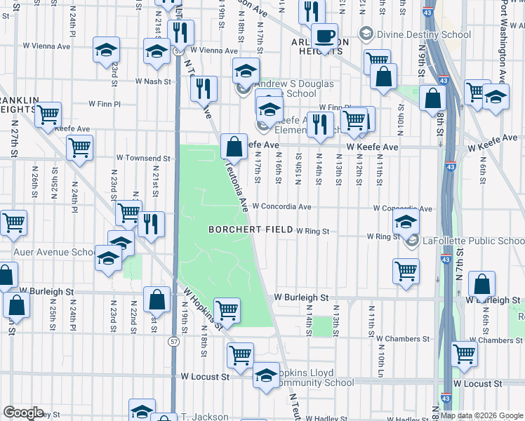 map of restaurants, bars, coffee shops, grocery stores, and more near 3275 North 16th Street in Milwaukee