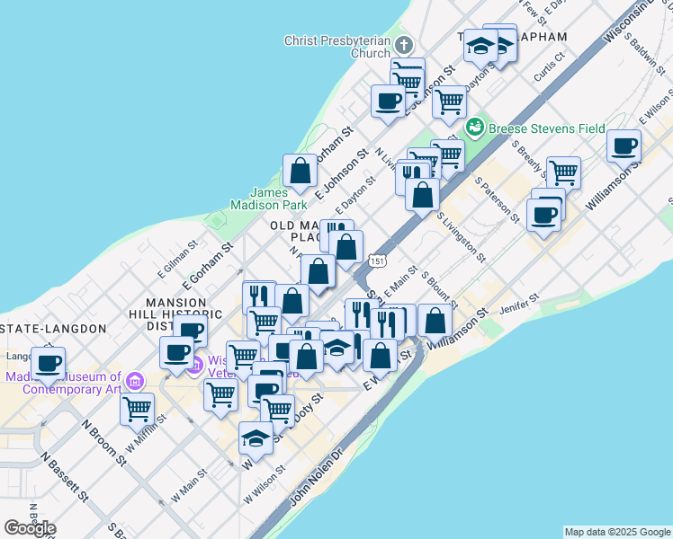 map of restaurants, bars, coffee shops, grocery stores, and more near 20 North Blair Street in Madison