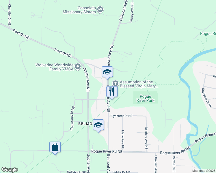 map of restaurants, bars, coffee shops, grocery stores, and more near 6393 Belmont Avenue Northeast in Plainfield charter Township