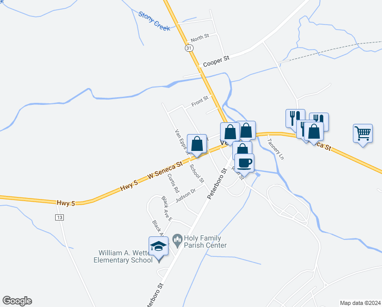 map of restaurants, bars, coffee shops, grocery stores, and more near 5215 New York 5 in Vernon
