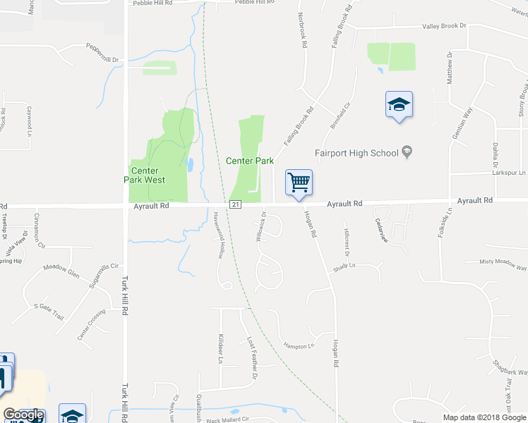map of restaurants, bars, coffee shops, grocery stores, and more near 7 Willowick Drive in Fairport