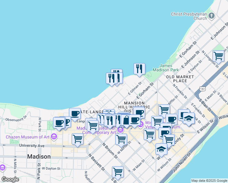 map of restaurants, bars, coffee shops, grocery stores, and more near 2 Langdon Street in Madison