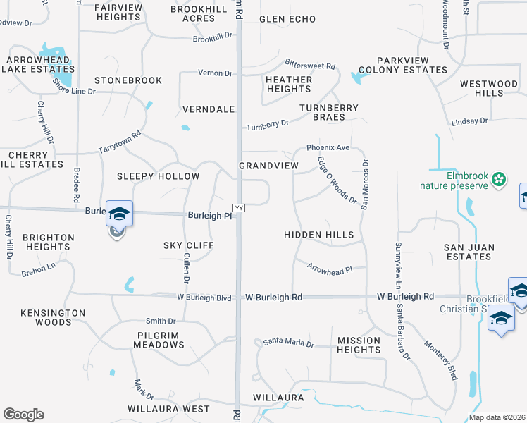 map of restaurants, bars, coffee shops, grocery stores, and more near 15465 Grandview Drive Lower in Brookfield