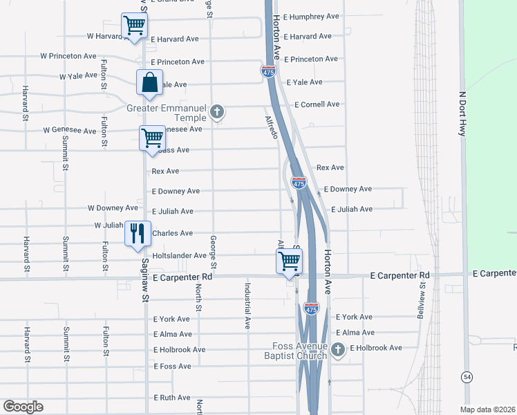 map of restaurants, bars, coffee shops, grocery stores, and more near 1200 East Juliah Avenue in Flint