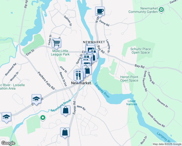 map of restaurants, bars, coffee shops, grocery stores, and more near 125 Main Street in Newmarket