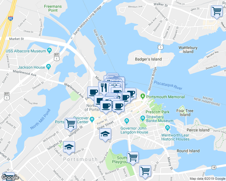 map of restaurants, bars, coffee shops, grocery stores, and more near 100 Market Street in Portsmouth