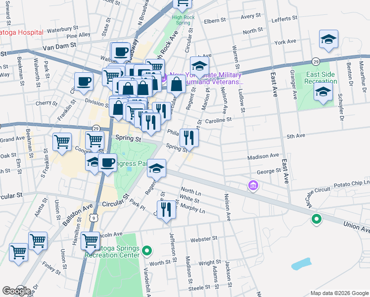 map of restaurants, bars, coffee shops, grocery stores, and more near 132 Spring Street in Saratoga Springs
