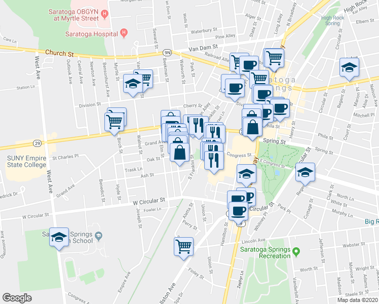 map of restaurants, bars, coffee shops, grocery stores, and more near 52 South Franklin Street in Saratoga Springs