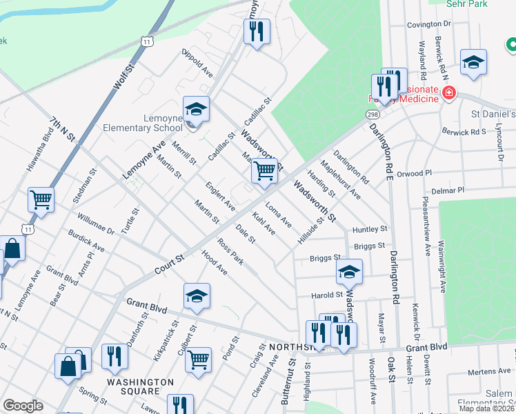 map of restaurants, bars, coffee shops, grocery stores, and more near 172 Kuhl Avenue in Syracuse