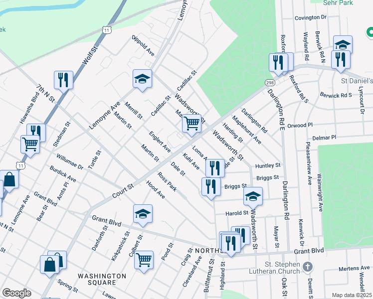 map of restaurants, bars, coffee shops, grocery stores, and more near 172 Kuhl Avenue in Syracuse