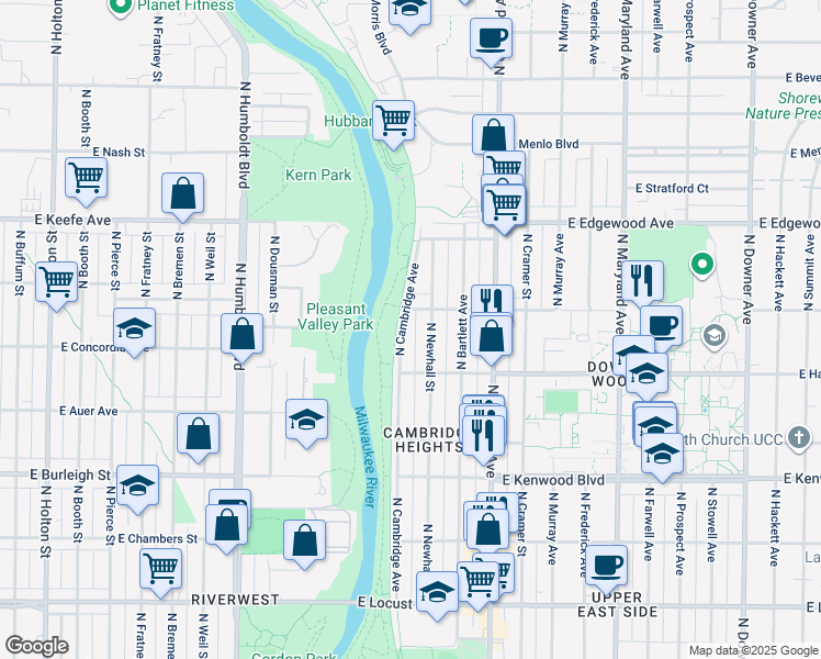 map of restaurants, bars, coffee shops, grocery stores, and more near 3334 North Cambridge Avenue in Milwaukee
