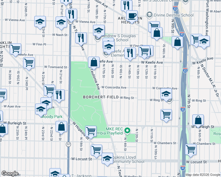 map of restaurants, bars, coffee shops, grocery stores, and more near 3275 North 16th Street in Milwaukee