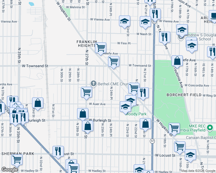 map of restaurants, bars, coffee shops, grocery stores, and more near 3276 North 24th Place in Milwaukee