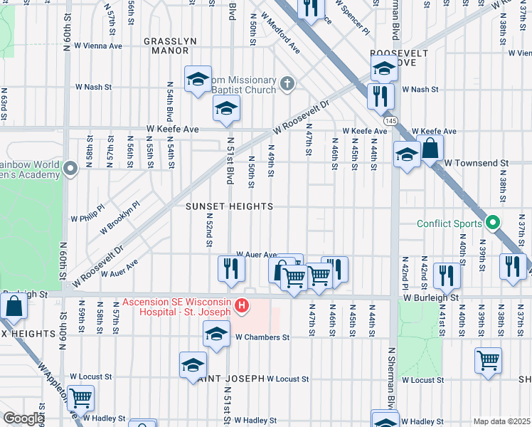 map of restaurants, bars, coffee shops, grocery stores, and more near 3263 North 49th Street in Milwaukee