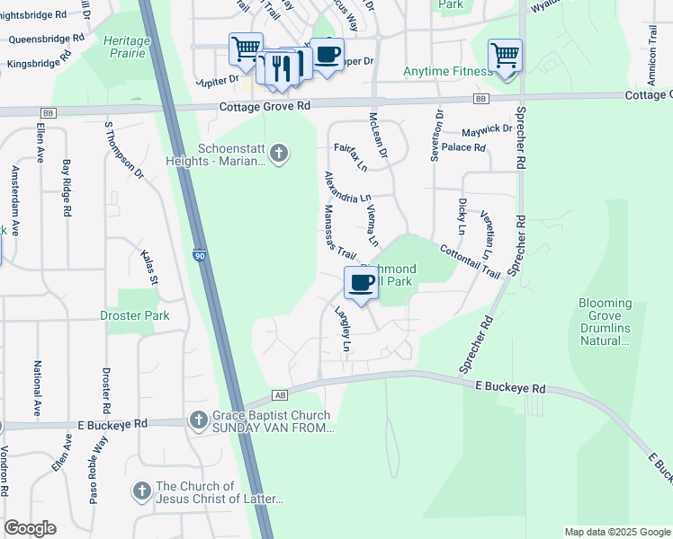 map of restaurants, bars, coffee shops, grocery stores, and more near 1409 Lynchburg Trail in Madison