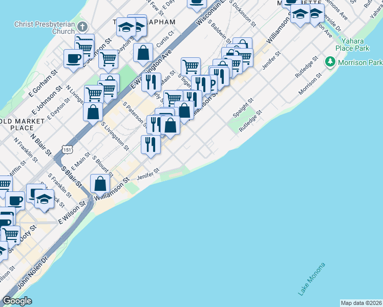 map of restaurants, bars, coffee shops, grocery stores, and more near 921 Spaight Street in Madison