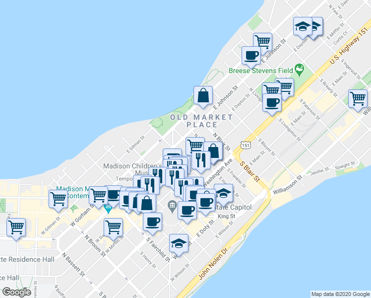 map of restaurants, bars, coffee shops, grocery stores, and more near in Madison