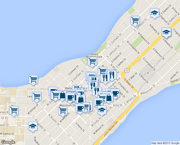 map of restaurants, bars, coffee shops, grocery stores, and more near 134 East Johnson Street in Madison