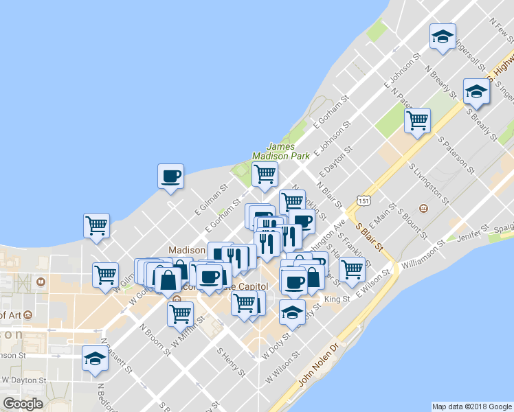 map of restaurants, bars, coffee shops, grocery stores, and more near 134 East Johnson Street in Madison