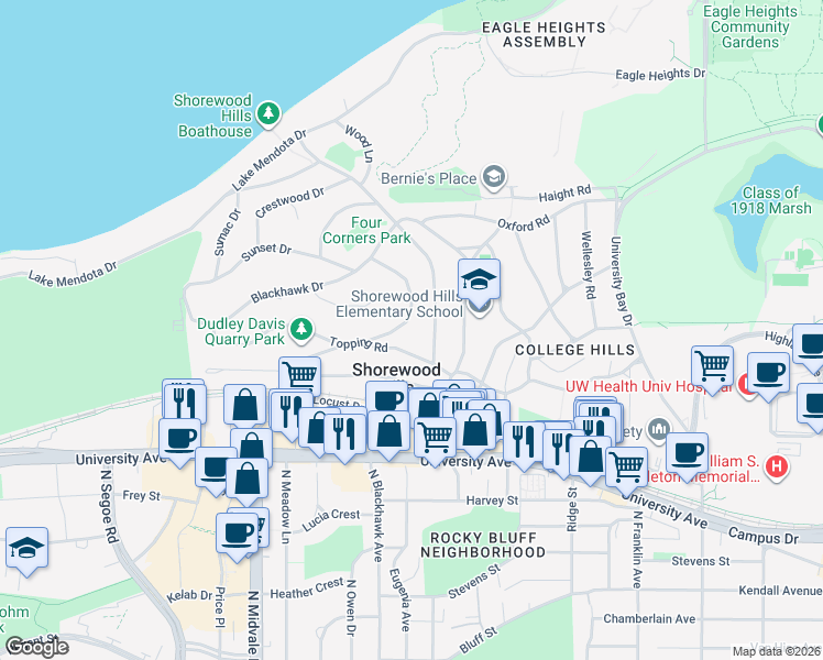 map of restaurants, bars, coffee shops, grocery stores, and more near 3218 Topping Road in Madison
