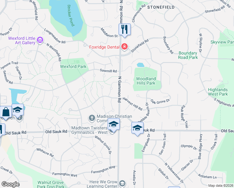 map of restaurants, bars, coffee shops, grocery stores, and more near 6912 Harvest Hill Road in Madison