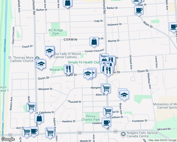 map of restaurants, bars, coffee shops, grocery stores, and more near 6381 Dunn Street in Niagara Falls