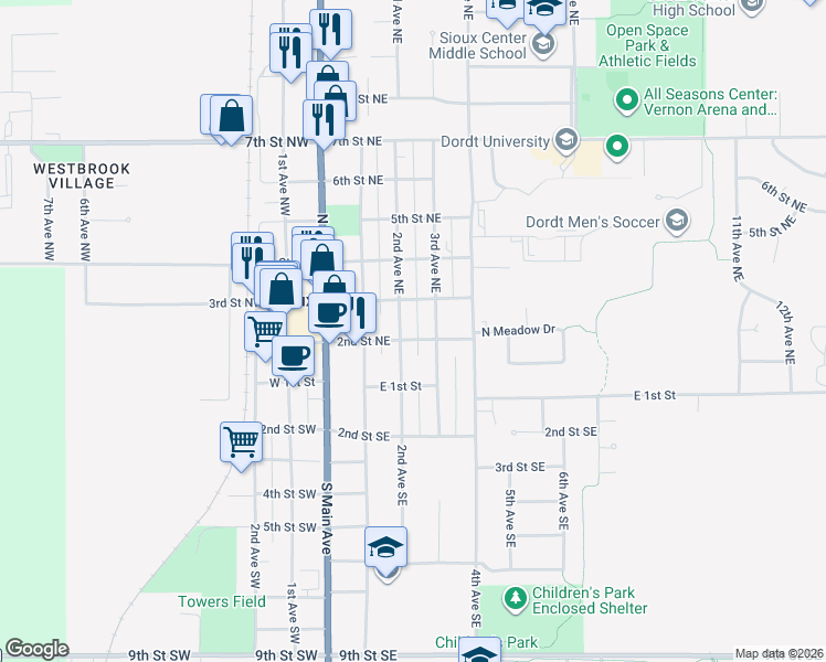 map of restaurants, bars, coffee shops, grocery stores, and more near 220 2nd Street Northeast in Sioux Center