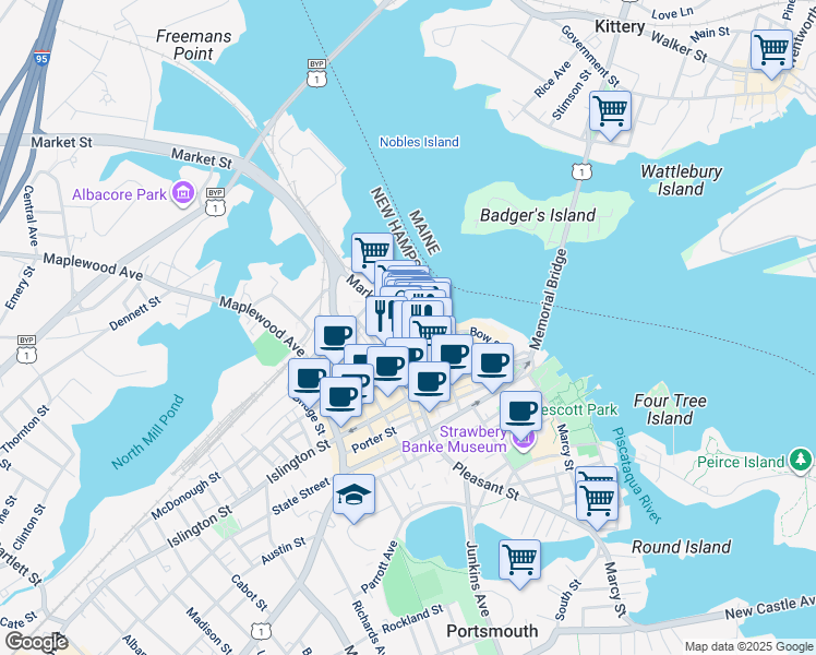 map of restaurants, bars, coffee shops, grocery stores, and more near 100 Market Street in Portsmouth