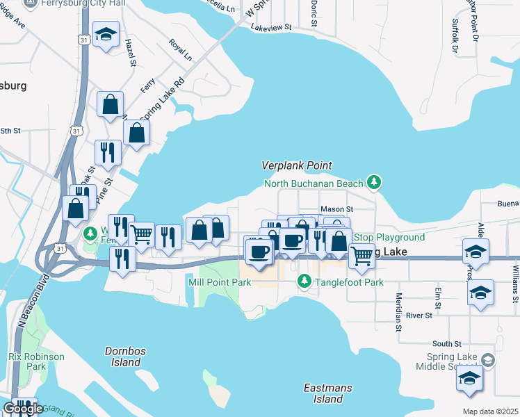 map of restaurants, bars, coffee shops, grocery stores, and more near 205 Rex Street in Spring Lake