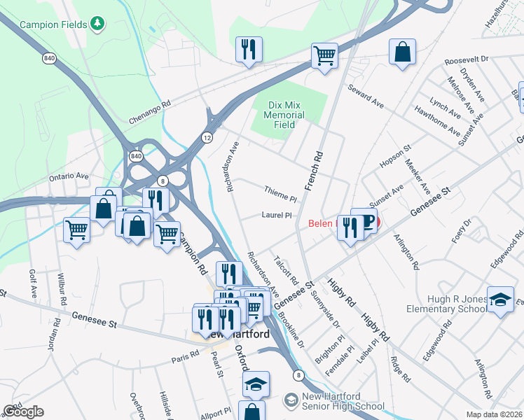 map of restaurants, bars, coffee shops, grocery stores, and more near 123 Laurel Place in Utica