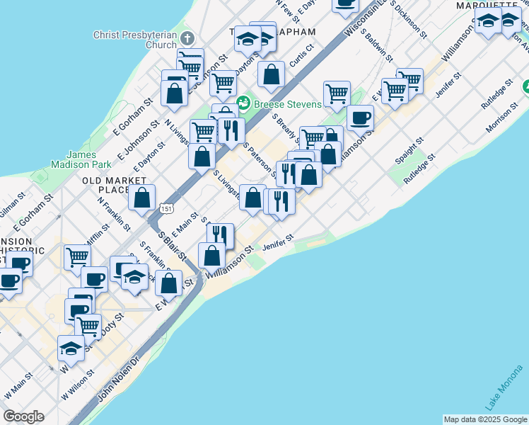 map of restaurants, bars, coffee shops, grocery stores, and more near 301 South Livingston Street in Madison