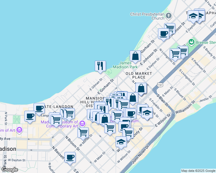 map of restaurants, bars, coffee shops, grocery stores, and more near 133 East Gorham Street in Madison