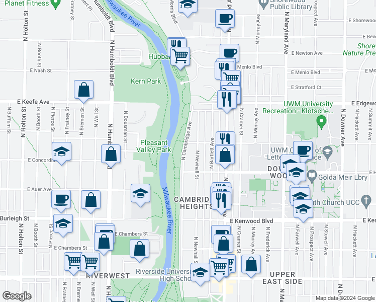 map of restaurants, bars, coffee shops, grocery stores, and more near 3358 North Cambridge Avenue in Milwaukee