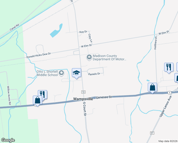 map of restaurants, bars, coffee shops, grocery stores, and more near 122 North Court Street in Canastota