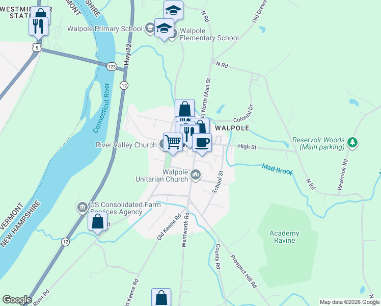 map of restaurants, bars, coffee shops, grocery stores, and more near 47 Main Street in Walpole