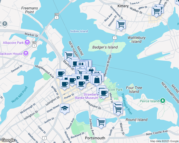 map of restaurants, bars, coffee shops, grocery stores, and more near 125 Bow Street in Portsmouth